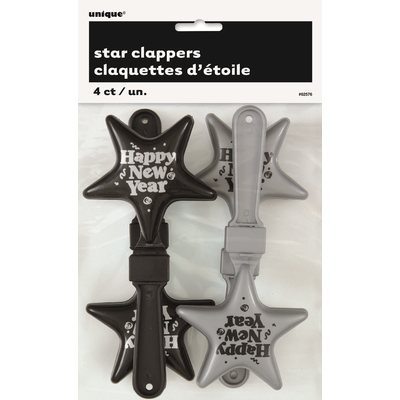New Year Black & Silver Star Hand Clappers Pk 4