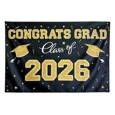 Graduation Banner Congrats Grad Class of 2026 Black Gold 150cm x 100cm Fabric