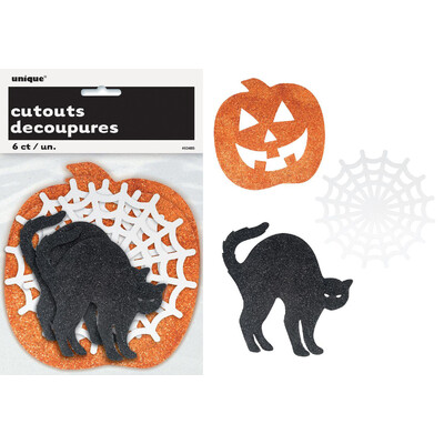 Mini Glittered Halloween Cat Pumpkin Web Cutouts (Pk 6)