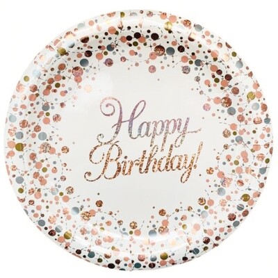 Happy Birthday Rose Gold Sparkling Fizz 9in. Paper Plates Pk 8