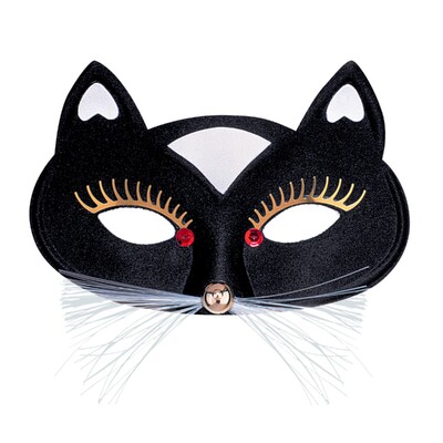 Black Cat Eye Mask with Nose & Whiskers | Gold Eyelashes Costume Mask