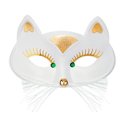White Cat Eye Mask with Nose & Whiskers | Gold Eyelashes Costume Mask