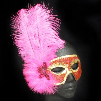 Red & Gold Masquerade Mask With Pink Feathers Pk 1 