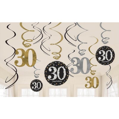 30th Birthday Black, Silver & Gold Hanging Swirl Decorations Pk 12
