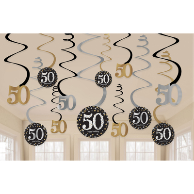 Black Gold Silver 50th Birthday Hanging Swirl Decorations (Pk 12)