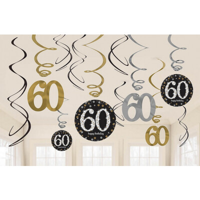 60th Birthday Hanging Swirls Black Gold Silver Pk 12
