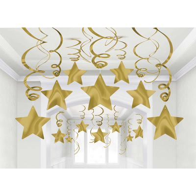 Metallic Gold Shooting Stars Hanging Swirl Decorations (Pk 30)