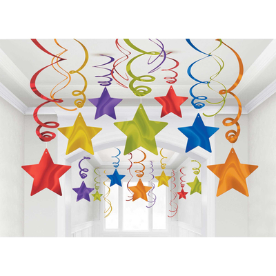 Rainbow Colours Shooting Stars Hanging Swirl Decorations (Pk 30)