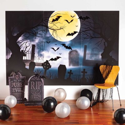 Halloween Scene Setter Graveyard Tombstone And Bats Backdrop Kit