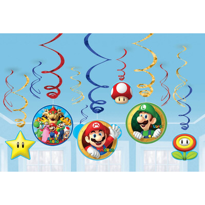 Super Mario Bros Hanging Swirl Decorations Pk 12