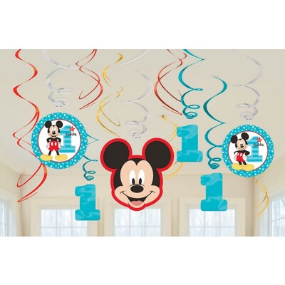 Mickey Mouse 1st Birthday Hanging Swirl Decorations Pk 12