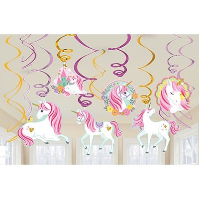 Magical Unicorn Hanging Swirl Decorations Pk 12