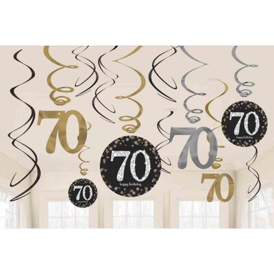 70th Birthday Hanging Swirls Black Gold Silver Pk 12