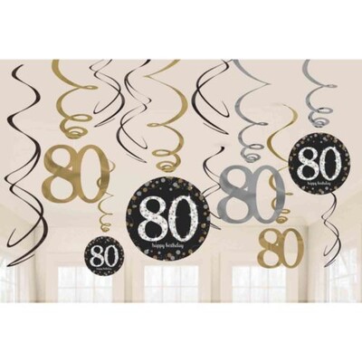 80th Birthday Hanging Swirls Black Gold Silver Pk 12
