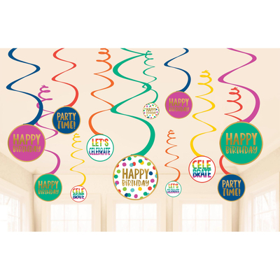 Happy Dots Birthday Hanging Swirl Decorations (Pk 12)