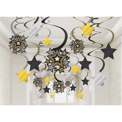 Black Gold Silver Hanging Star Swirl Decorations (Pk 30)