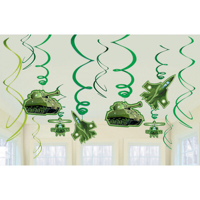 Army Camouflage Hanging Swirl Decorations Pk 12