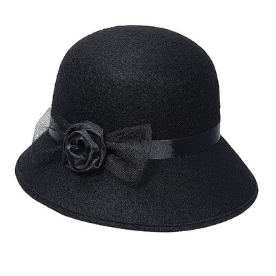 1920s Black Felt Flapper Cloche Hat with Satin Rosette | Vintage Costume Hat