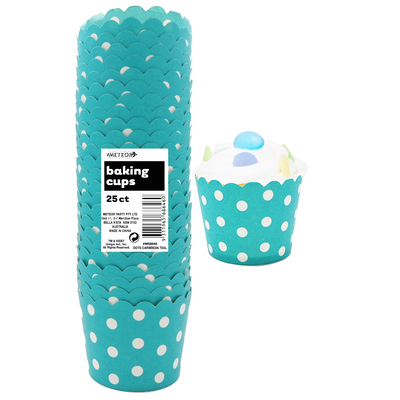 Caribbean Teal Baking Cups with White Polka Dots Pk 25