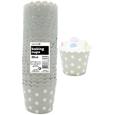 Silver Baking Cups with White Polka Dots Pk 25