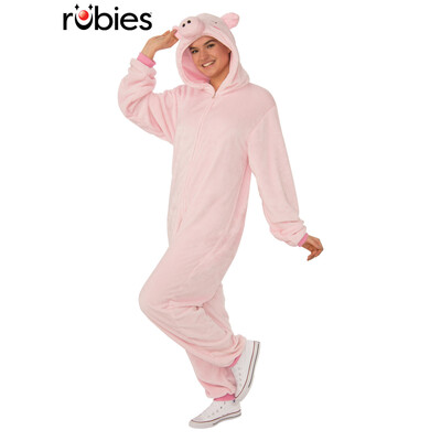 Adult Pig Hooded Jumpsuit Costume L/XL – Plush Pink Animal Jumpsuit