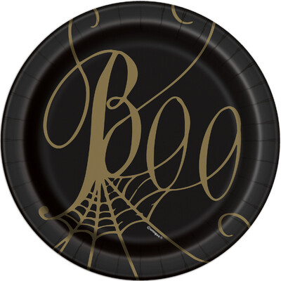 Black & Gold Halloween Boo Spider Web 7in Paper Plates (Pk 8)