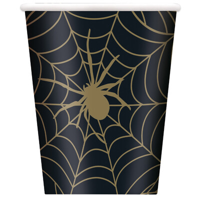 Black & Gold Halloween Spider Web Paper Cups 270ml (Pk 8)
