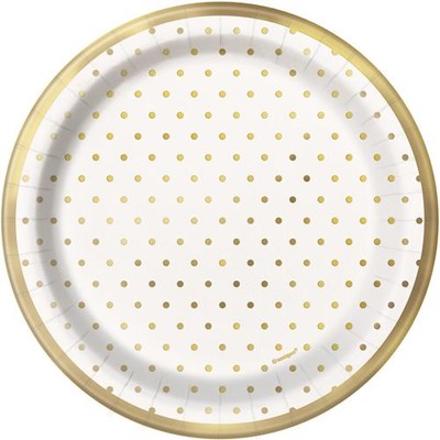 White 7in. Paper Plates with Gold Dots Pk 8