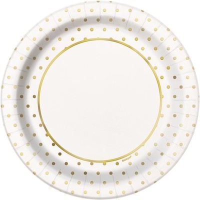 White 9in. Paper Plates with Gold Dots Pk 8