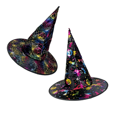 Black Halloween Witch Hat with Colour Print Assorted Designs (Pk 2)