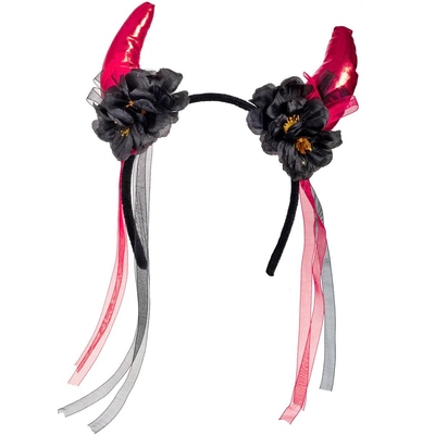 Metallic Red Devil Horns Headband with Black Flowers (Pk 1)