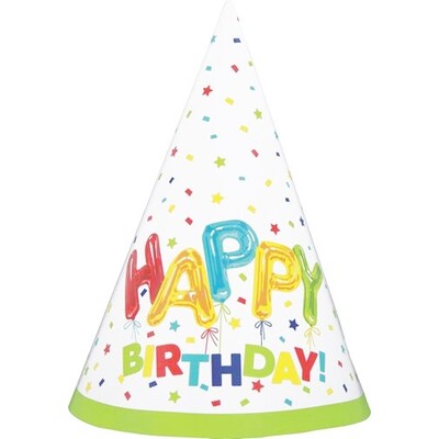 Happy Birthday Balloon Party Hats Pk 8