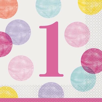 1st Birthday Dots Pink 2 Ply Lunch Napkins Pk 16