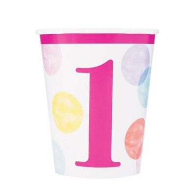 1st Birthday Dots Pink 9oz. Paper Cups Pk 8