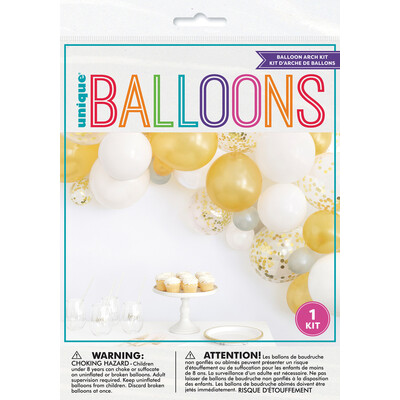 Gold Silver White Balloon Arch Kit (40 Balloons + Tape) Pk 1