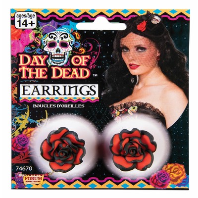 Red & Black Day of the Dead Halloween Rose Earrings (1 Pair)