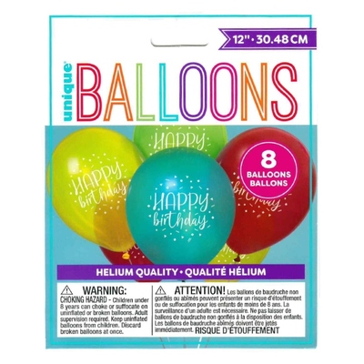 Metallic Happy Birthday AOP Latex Balloons 12in 30cm (Pk 8)