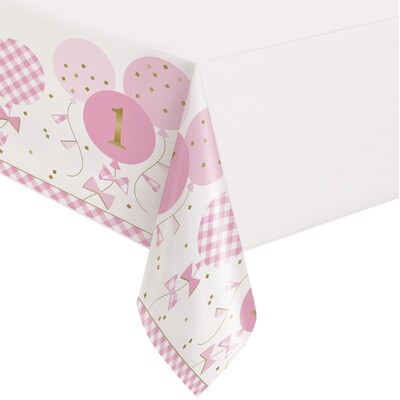 1st Birthday Pink Gingham Plastic Tablecover 1.37m x 2.13m | First Birthday Table Cover