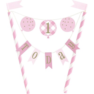 Pink & White One 1 Today Bunting Cake Topper | Gold 1st First Birthday Cake Decoration