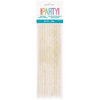 Reusable Plastic Gold Glitter Straws Pk 10