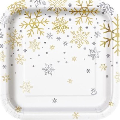 Christmas Silver & Gold Snowflakes 7in. Square Paper Plates Pk 8