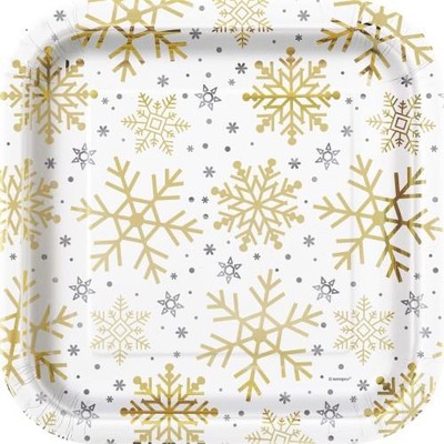 Christmas Silver & Gold Snowflakes 9in. Square Paper Plates Pk 8