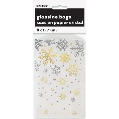 Christmas Glassine Party Bags with Silver & Gold Snowflakes Pk 8 