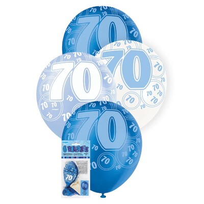 Metallic Blues & White Number 70 Balloons Latex Balloons 30cm Pk 6