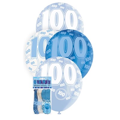 Metallic Blues & White Number 100 Balloons Latex Balloons 30cm Pk 6