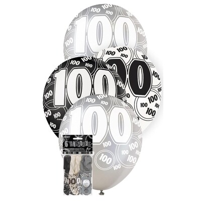 Pearl Black Silver White Number 100 AOP Latex Balloons 12in 30cm Pk 6