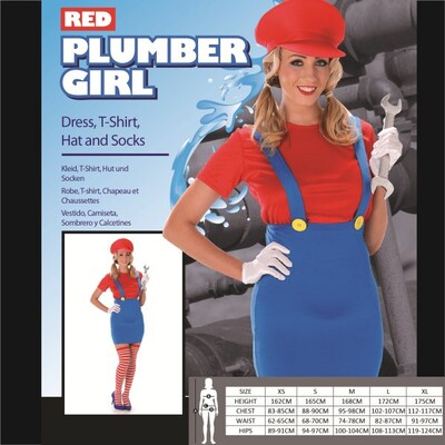 Adult Red Plumber Girl Costume (Medium, 12-14) Pk 1