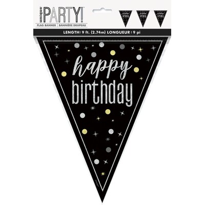 Black & Silver Happy Birthday Bunting Banner 9 Flags | Holographic Foil Triangle Flag Decoration 2.74m