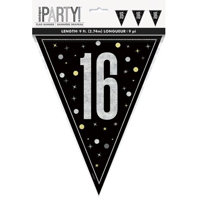 Black & Silver 16 Bunting Banner 9 Flags | Holographic Foil Triangle Flag 16th Birthday Decoration 2.74m