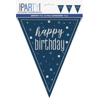 Navy Blue Happy Birthday Bunting Banner 9 Flags | Holographic Foil Triangle Flag Decoration 2.74m